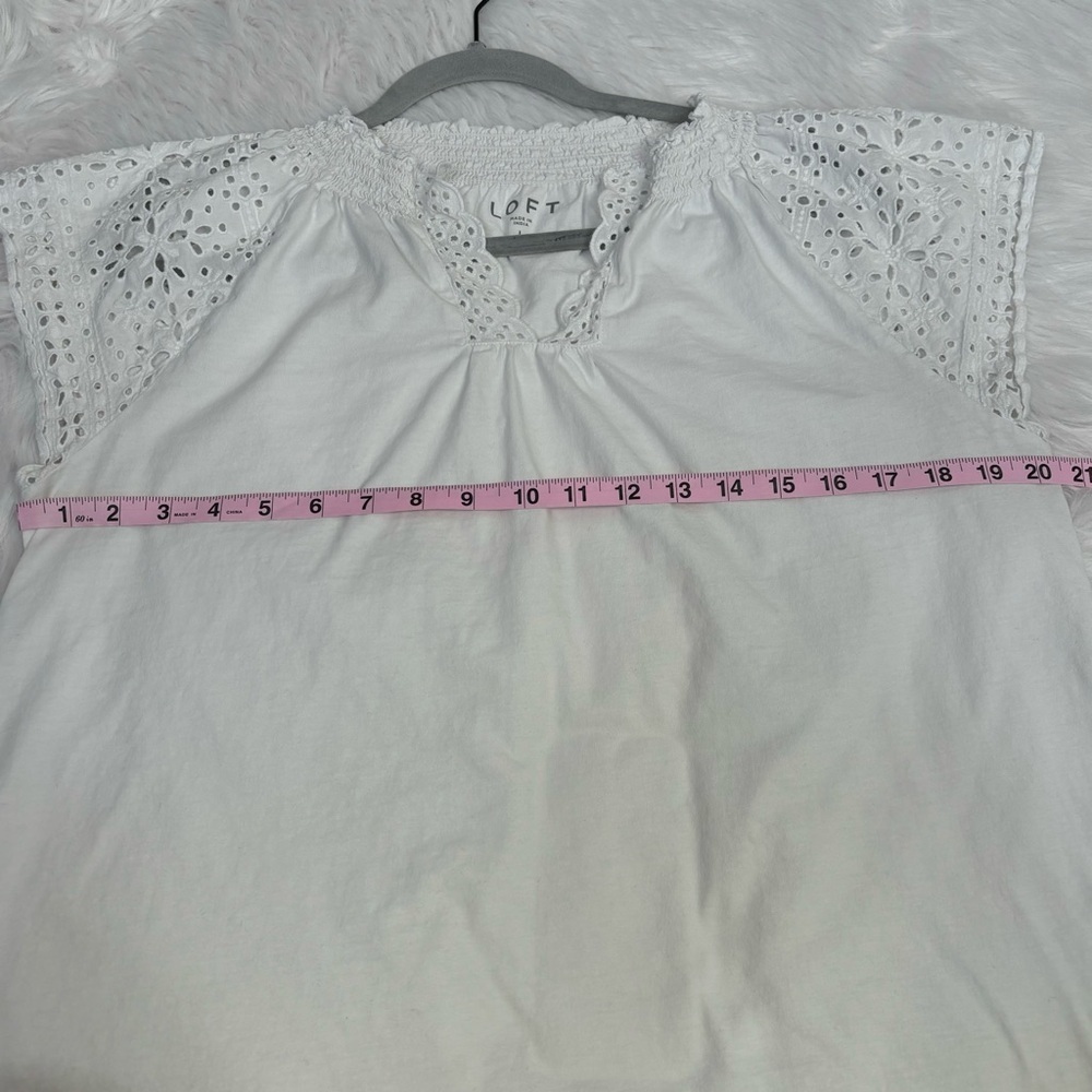 LOFT Size Large White Blouse Eyelet Sleeves & Neck‎ Split Neckline 100% Cotton - Picture 10 of 11